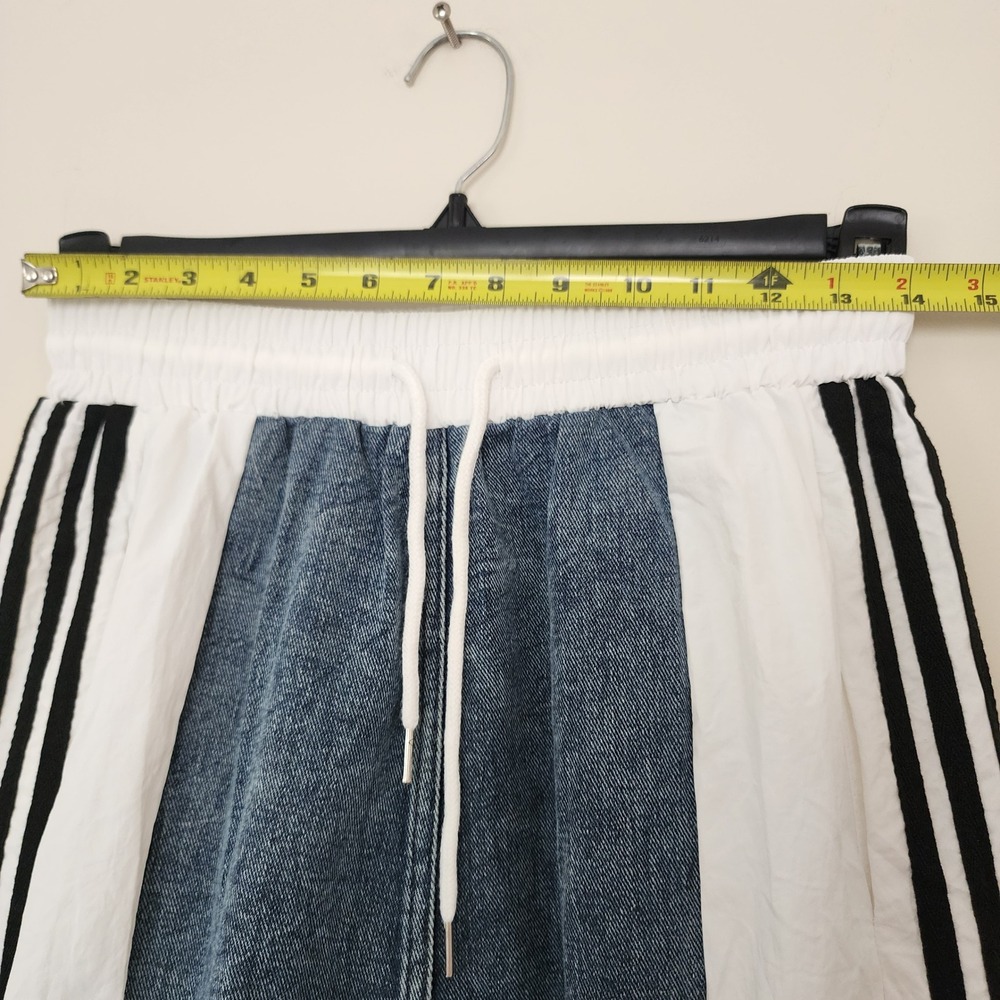 Denim and Track Stripe Mixed Media Maxi Skirt Blue White Sporty Streetwear - Picture 4 of 6